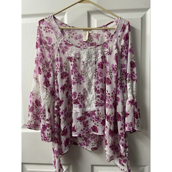 Lavender & Honey Boho Top Women L Pink Floral Lace Accent Square Neck Semi Sheer - Picture 1 of 8